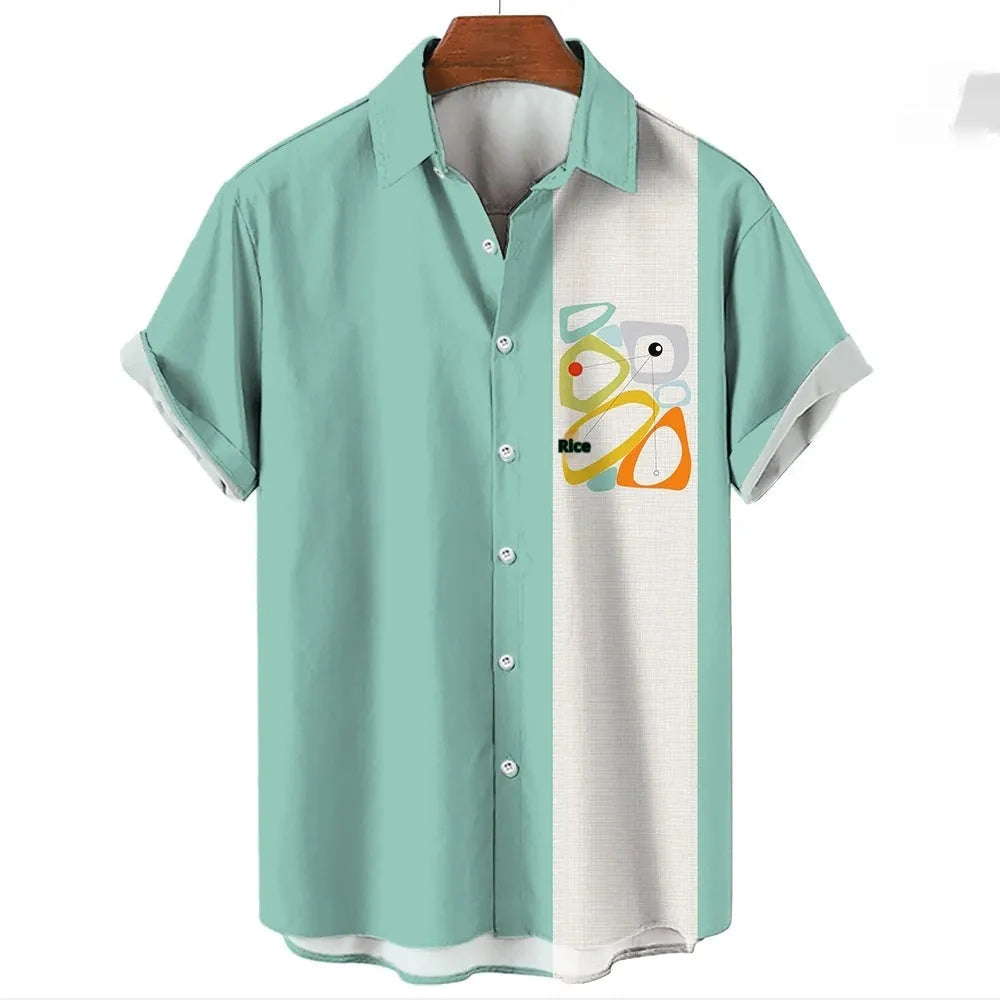 A man's striped Hawaiian short-sleeve shirt in polyester, shown in one of the available colours.