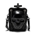 Black mini square crossbody bag with 3D embossed skull design, stitching details, and metal rivets