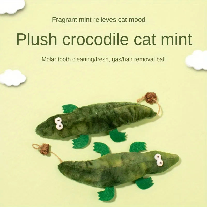 Green plush alligator cat toy with plant-based catnip filling for feline oral cleansing and stress relief