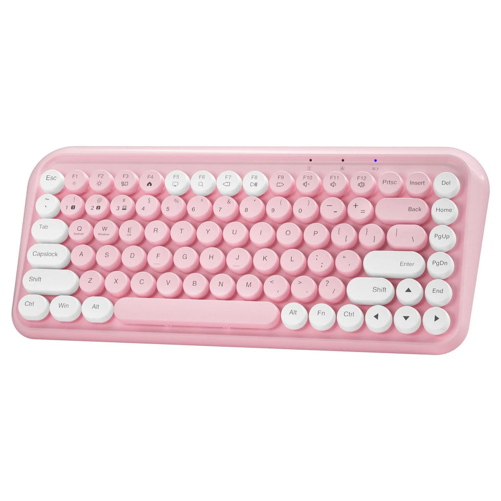 Pink wireless Bluetooth keyboard with 84 keys showing portable design and crater architecture technology