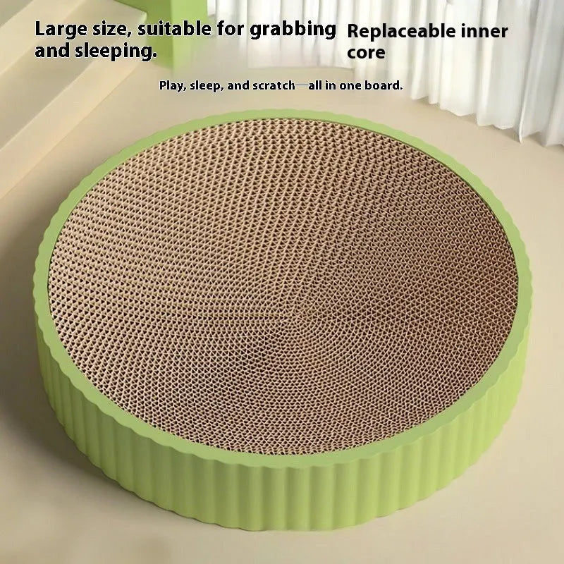 Green or white 55cm round cat scratching board with replaceable corrugated panels