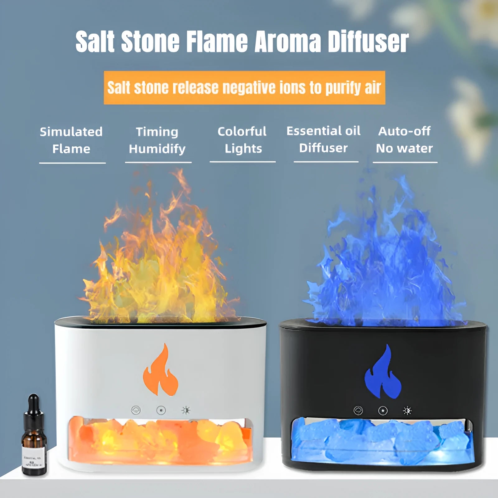 New Flame Humidifier with 3D simulation flame light and crystal salt stone on a desktop
