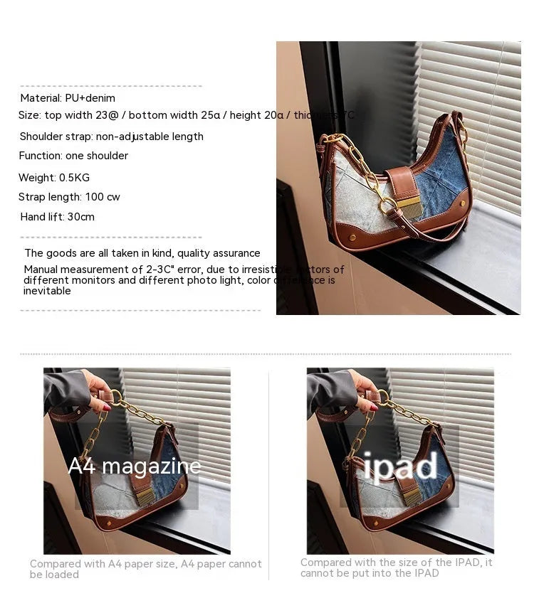 Brown denim women's shoulder bag with diamond mesh and chain details showing internal mobile phone pocket