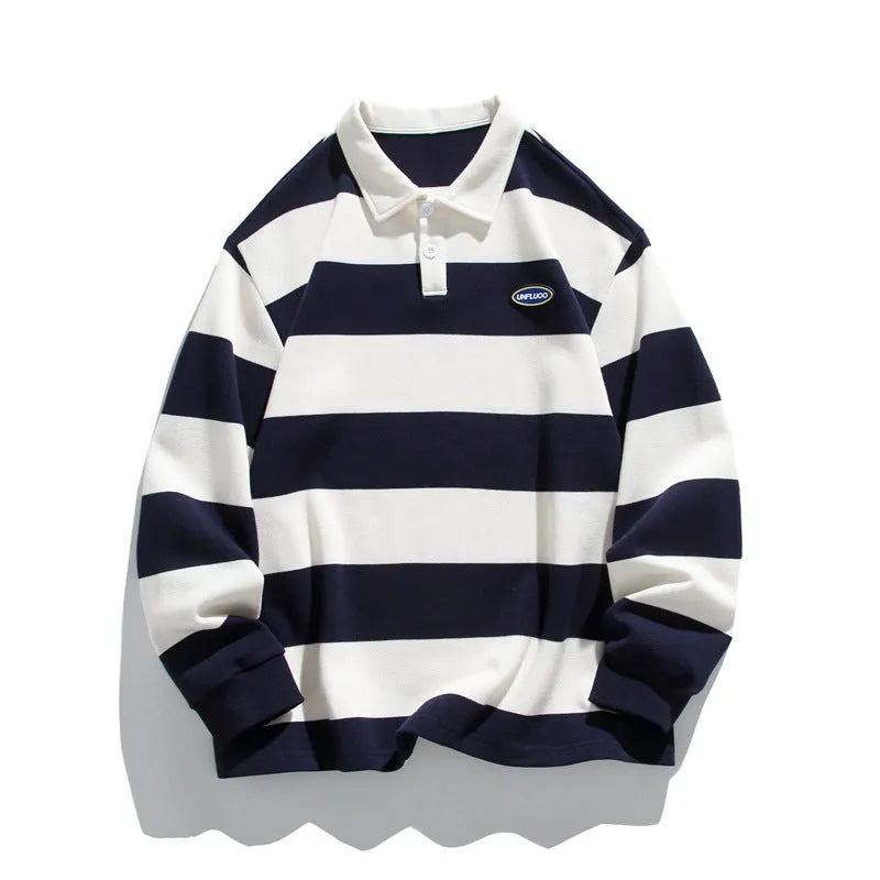 Pearl cotton polo shirt with lapel sweater styling and striped pattern in loose fit long sleeve design