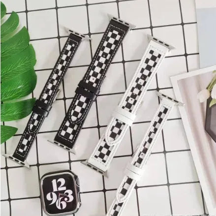 Black and white checker canvas leather strap for Apple Watch 38mm 40mm 41mm 42mm 44mm 45mm