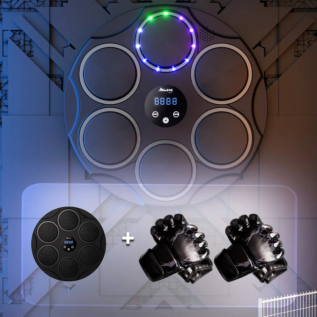 Black wall-mounted smart boxing target with coloured lights and Bluetooth for music fitness training.