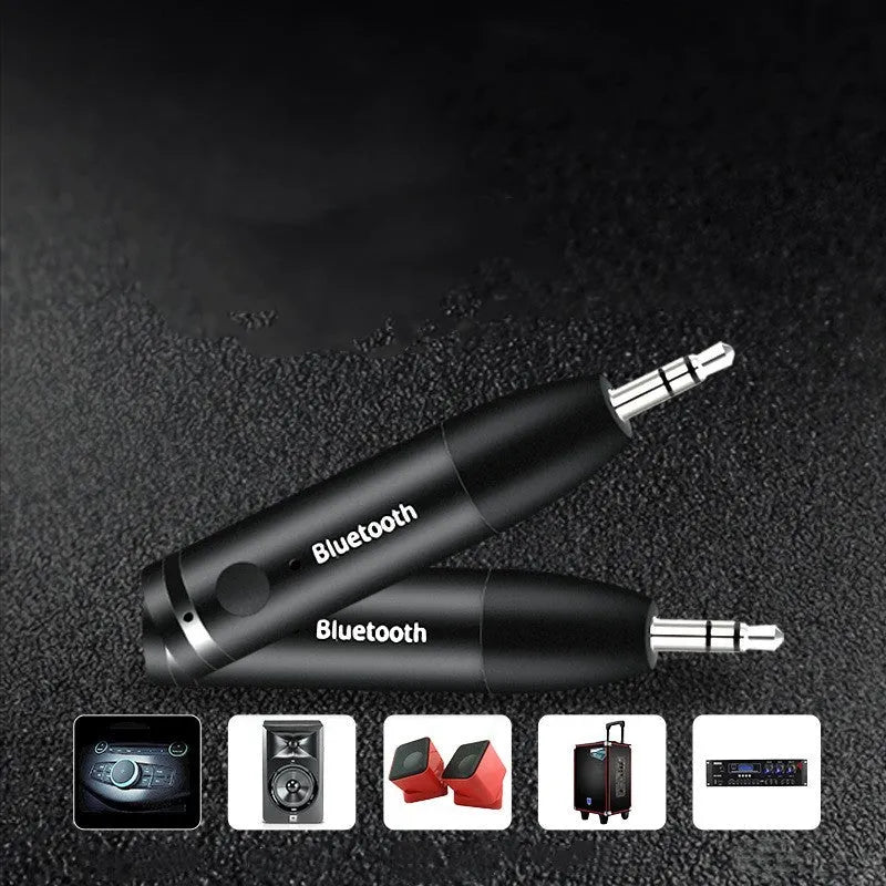 Black Bluetooth car audio receiver with AUX connector for wireless music streaming