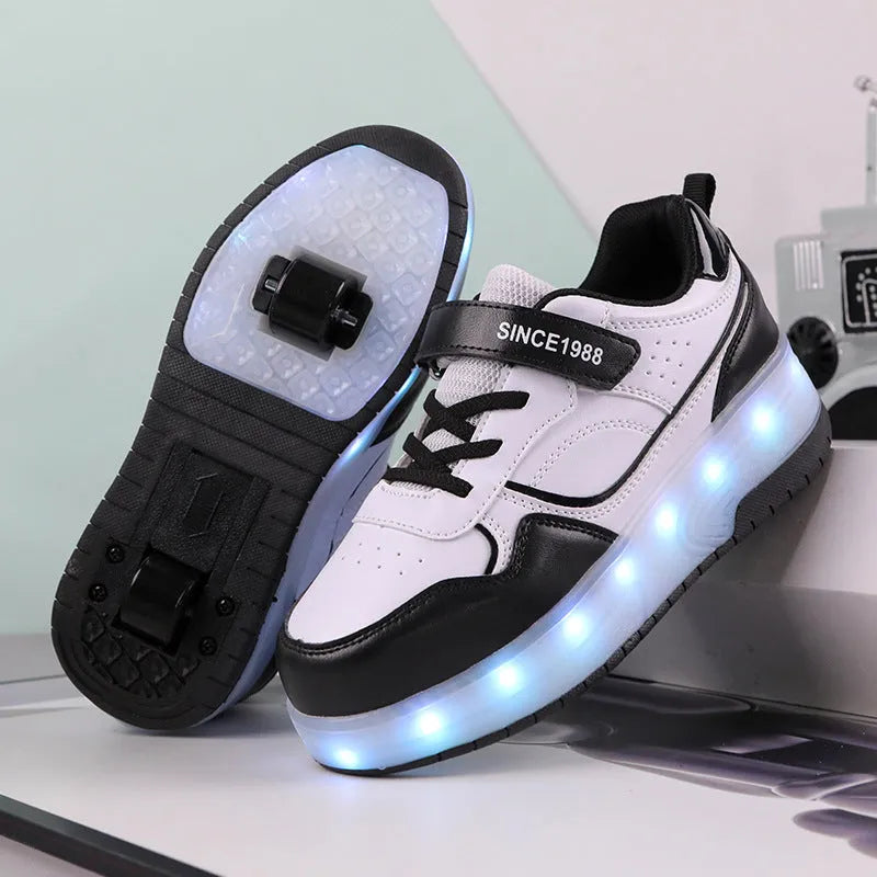 Children's charging flash roller skates with illuminated LED wheels in pink, available in two and four-wheel designs.