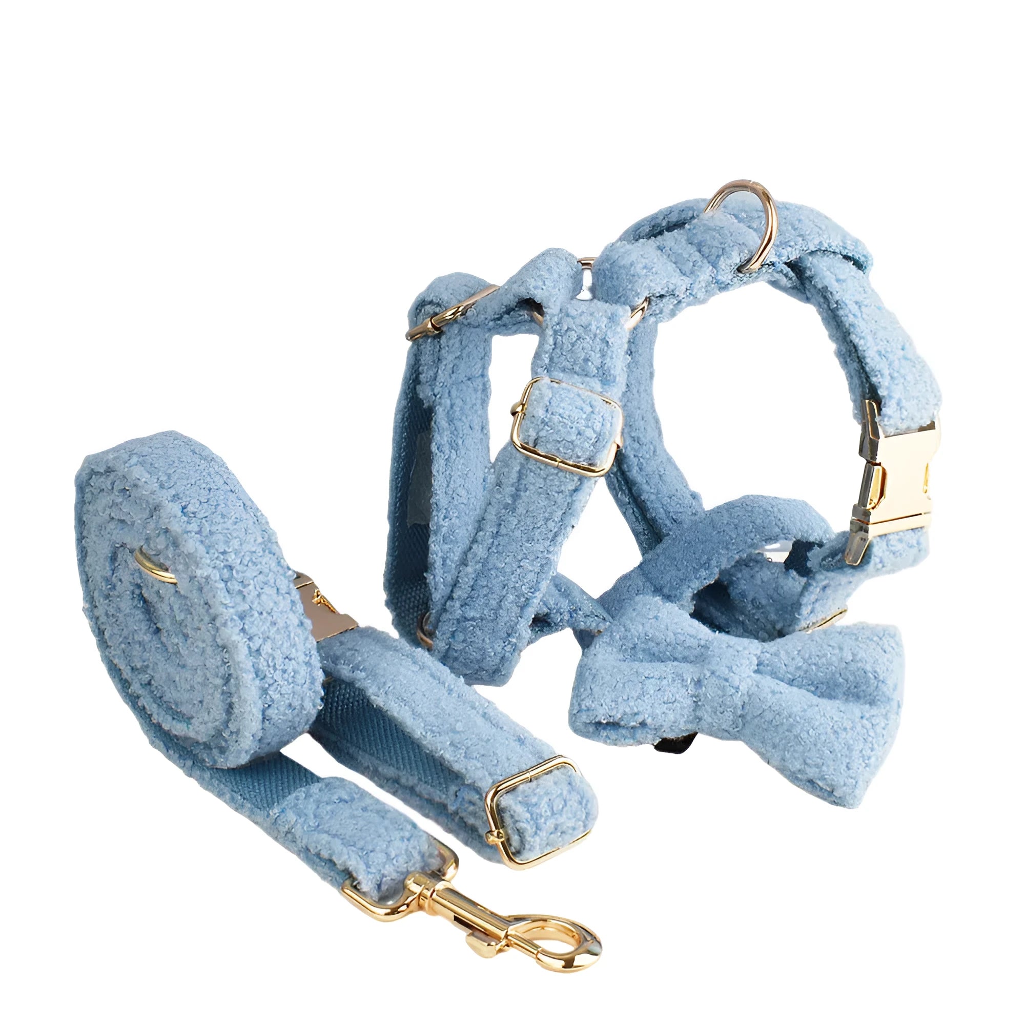 Blue teddy bear dog collar set with matching leash, bow, and vest on a pet