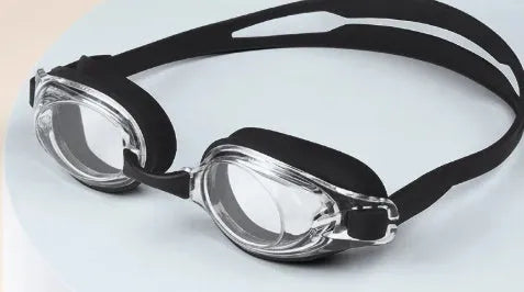 Adult myopia swimming goggles with anti-fog lenses in a black frame, shown with a protective hard case.