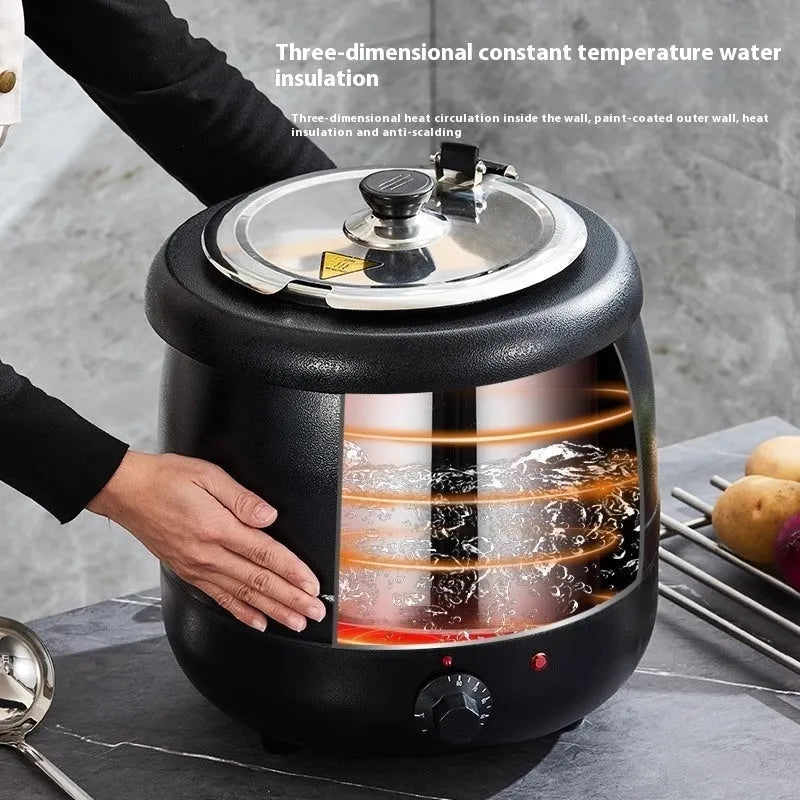 Black 10 litre stainless steel insulation pot with steel cover and electric heating function