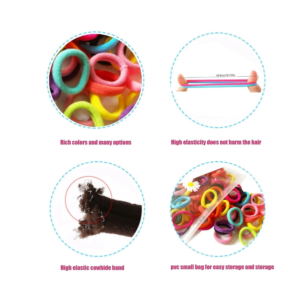 100 baby hair ties in mixed colours showing seamless cotton construction and small 0.85-inch sizing