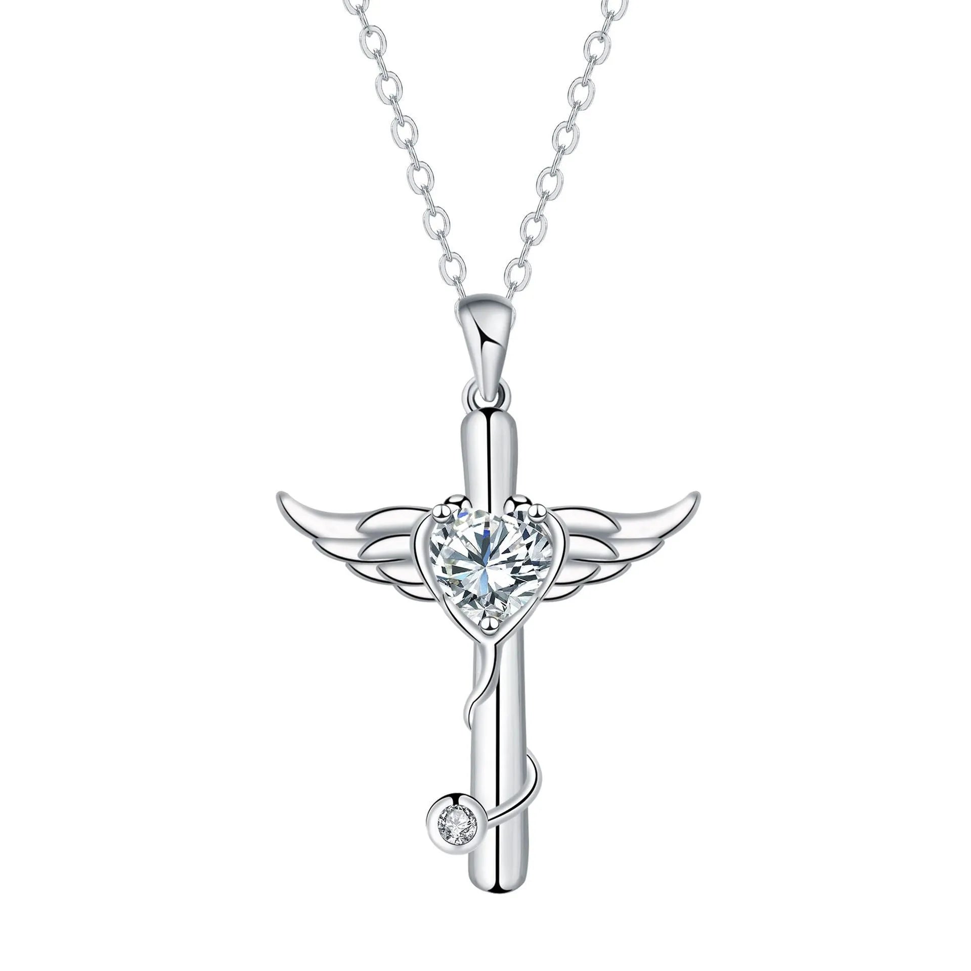 Women's cross stethoscope necklace with angel wings charm in electroplated finish
