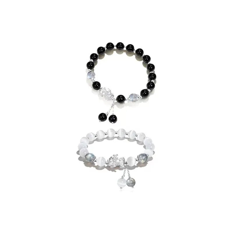 Handmade black agate and grey opal couple bracelet with 10mm wave beads and money painting design