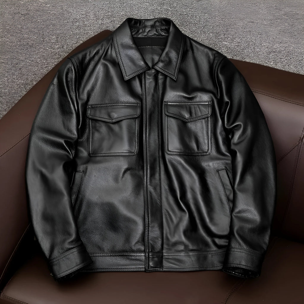 Men's brown PU leather lapel jacket with side seam pockets shown in loose fit