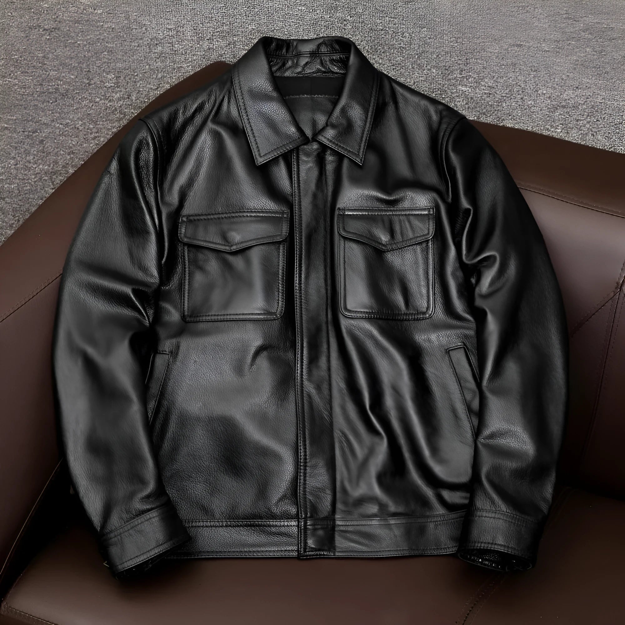 Men's brown PU leather lapel jacket with side seam pockets shown in loose fit