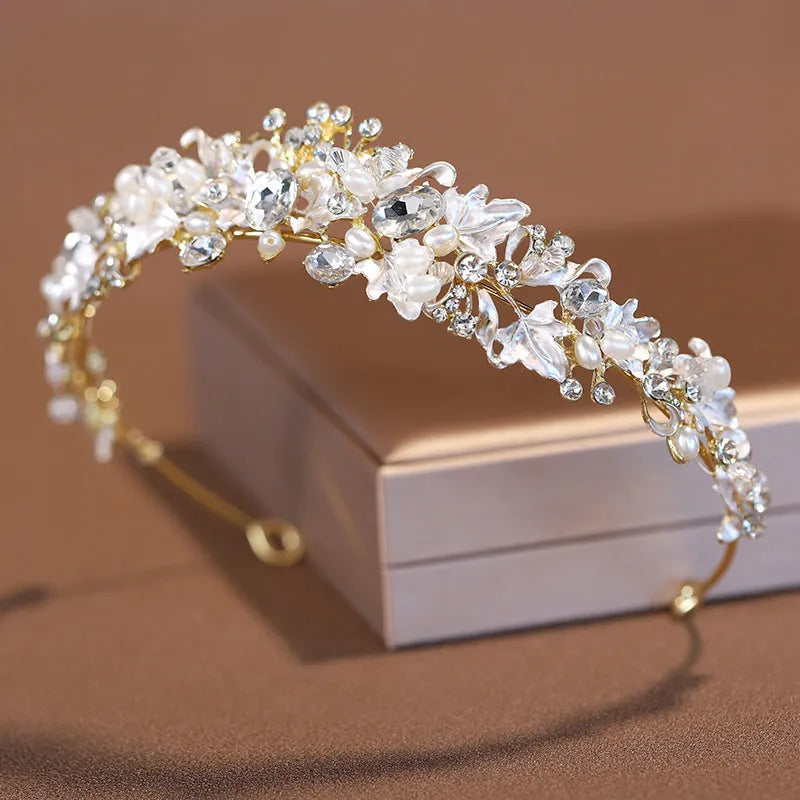 Alloy pearl crown headdress with electroplated finish in gold or silver colour