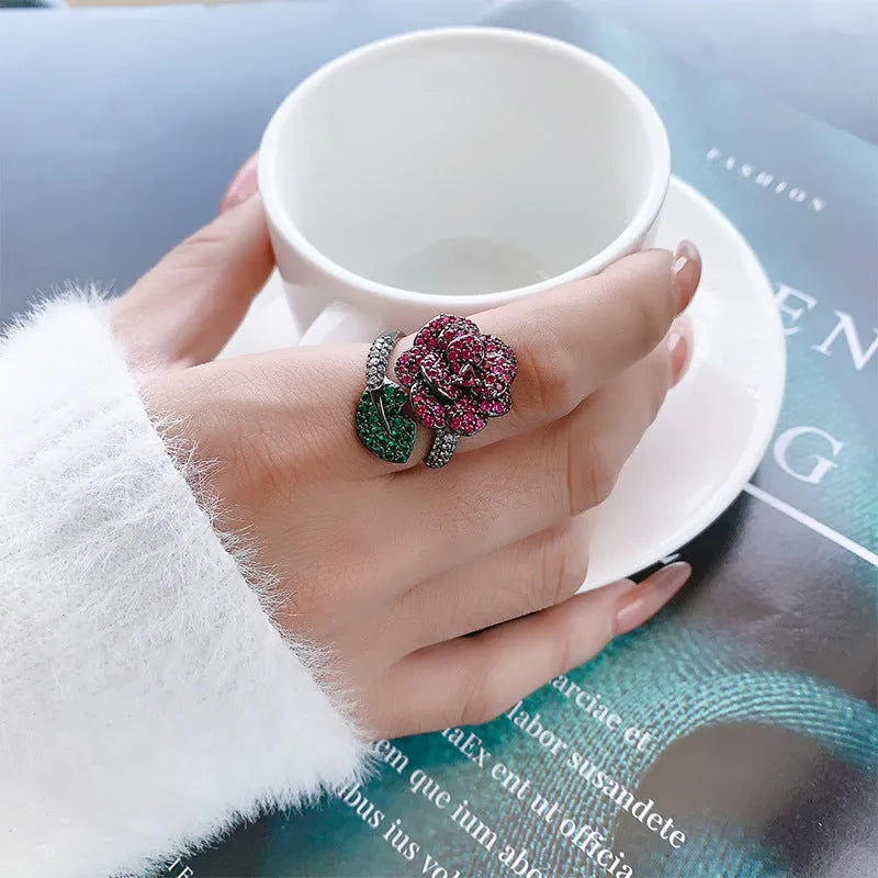 Black gold geometric women's ring with simulated red corundum stone