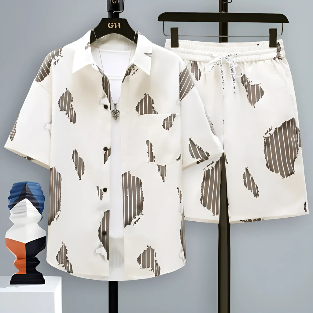Men's casual sports two-piece set with short sleeve top and matching polyester shorts