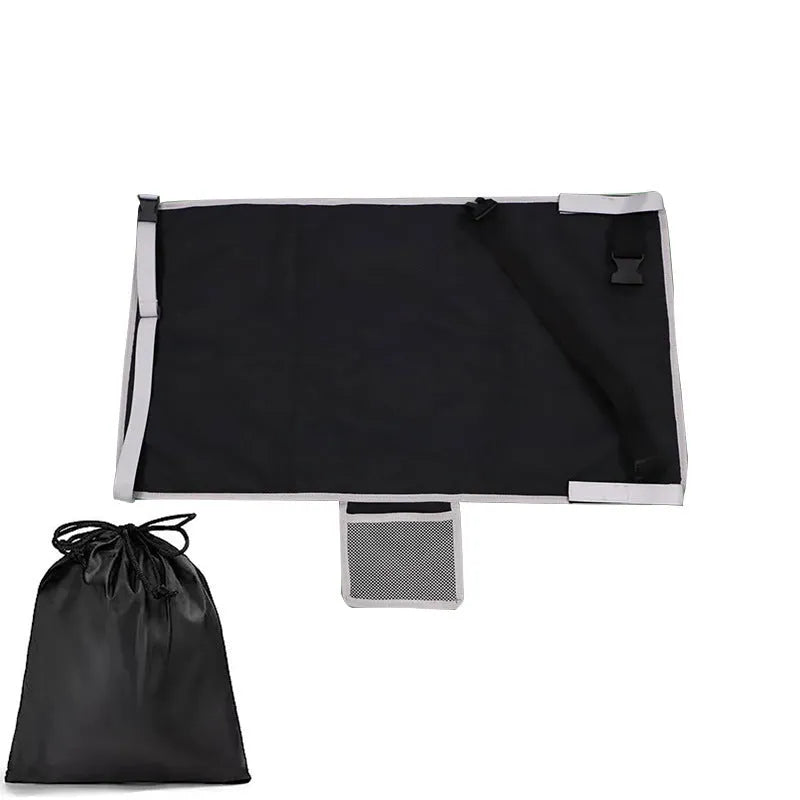 Portable blue nylon aircraft seat extender for children with drawstring storage pocket attached