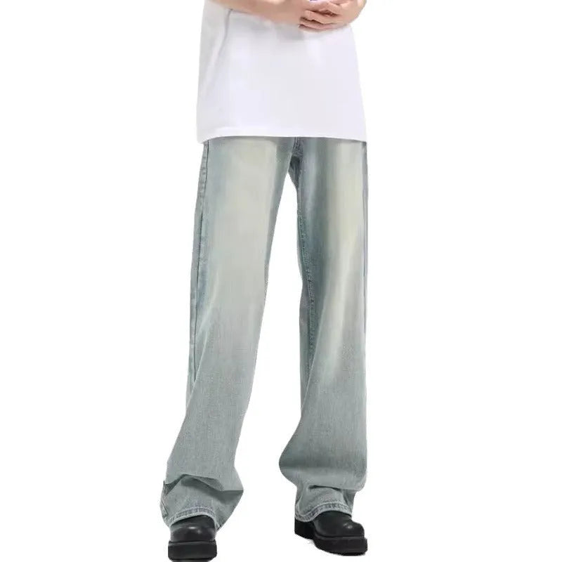 Blue rabbit fur retro casual trousers with a loose fit and elasticated waistband.