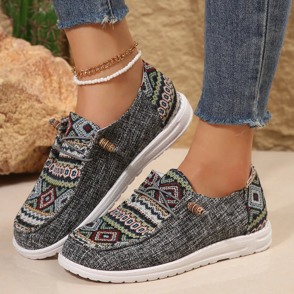 Women's flat round toe low-top slip-on shoes in black, dark grey and khaki colours