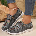 Women's flat round toe low-top slip-on shoes in black, dark grey and khaki colours
