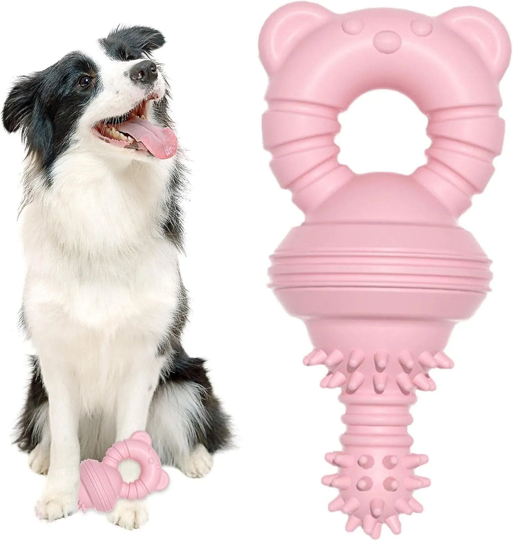 Blue rubber dog chew toy with bell and concave-convex molar design for teeth cleaning.