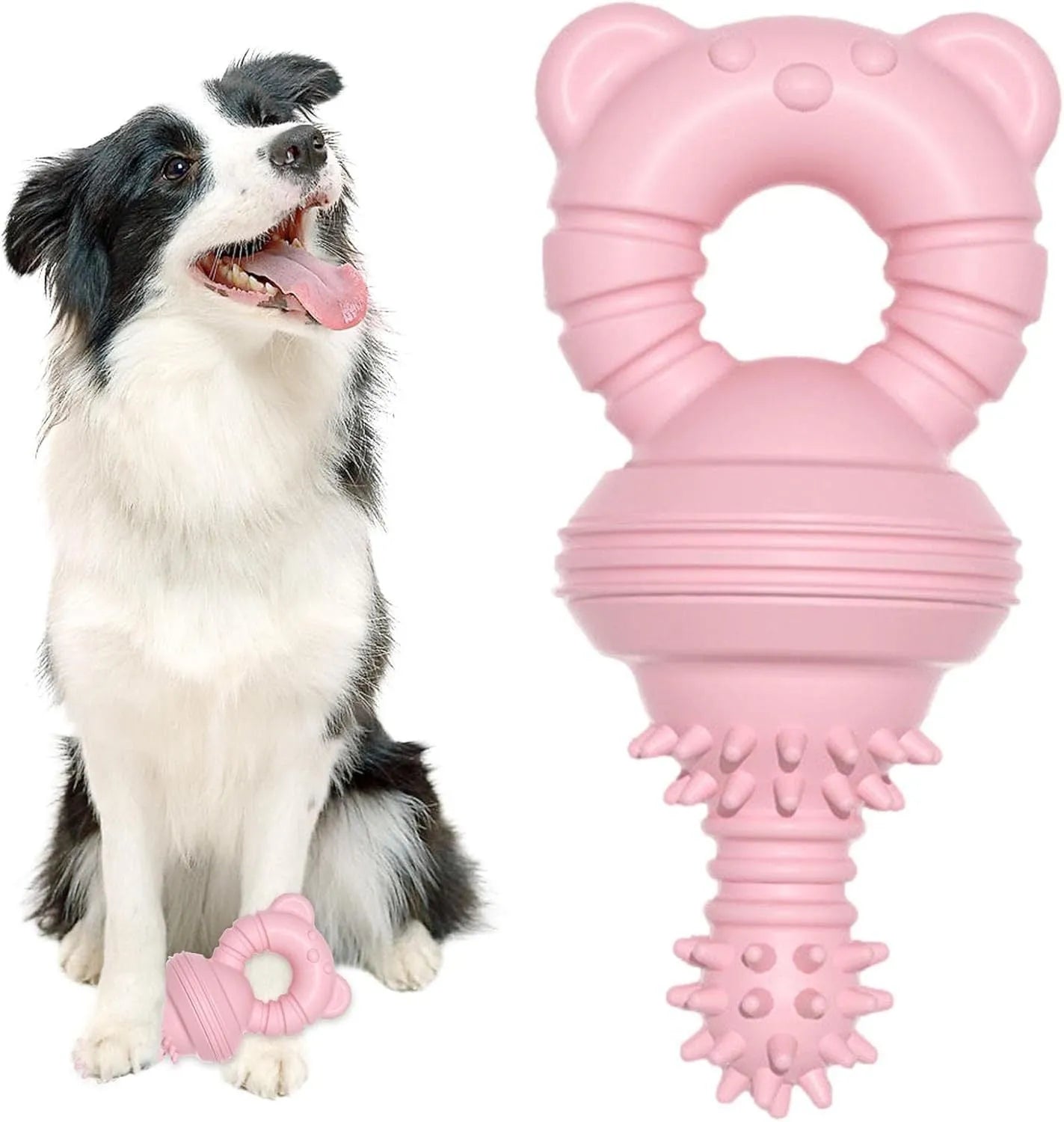 Blue rubber dog chew toy with bell and concave-convex molar design for teeth cleaning.