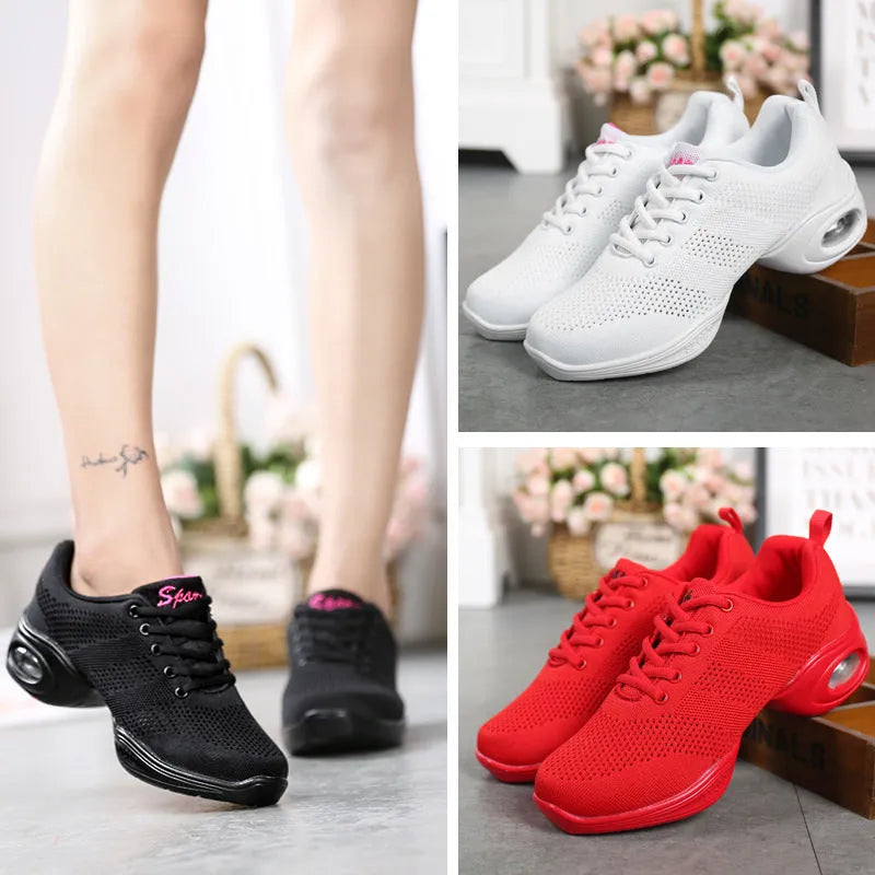 Women's Flyknit mesh dance shoes in red, white, or black with a lightweight PU sole.
