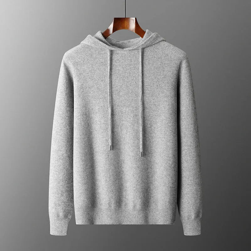 Men's light grey cashmere hooded sweatshirt and matching trousers set for winter leisurewear