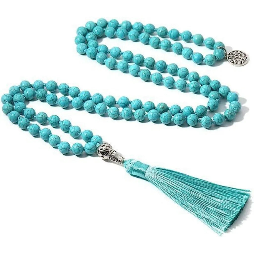 Handmade knotted natural stone bead necklace with 8mm beads in one of 12 colour options.