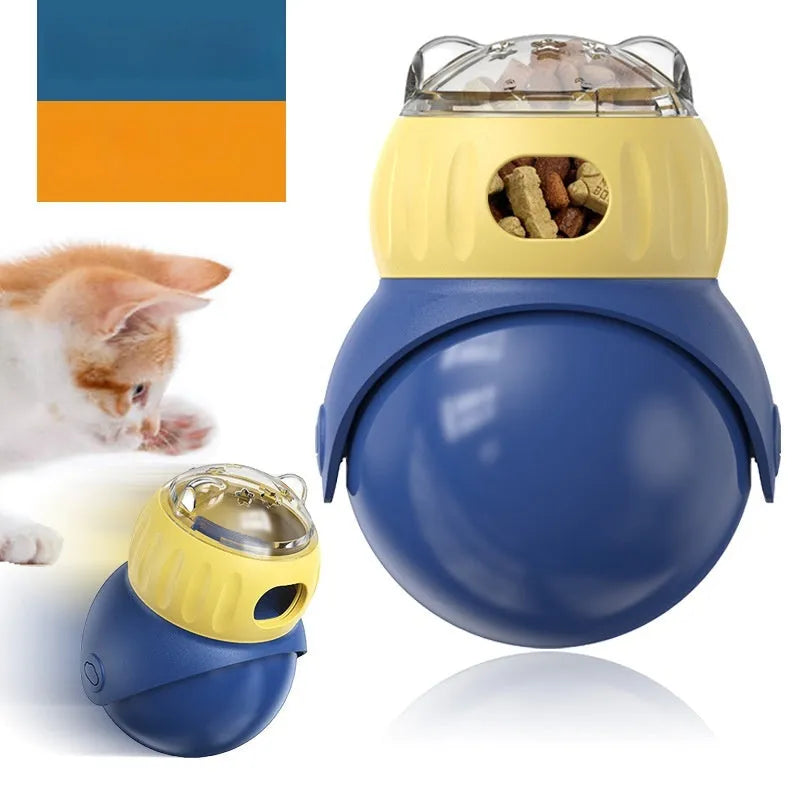 Morandi yellow and blue plastic owl-shaped cat puzzle feeder toy for slow feeding.