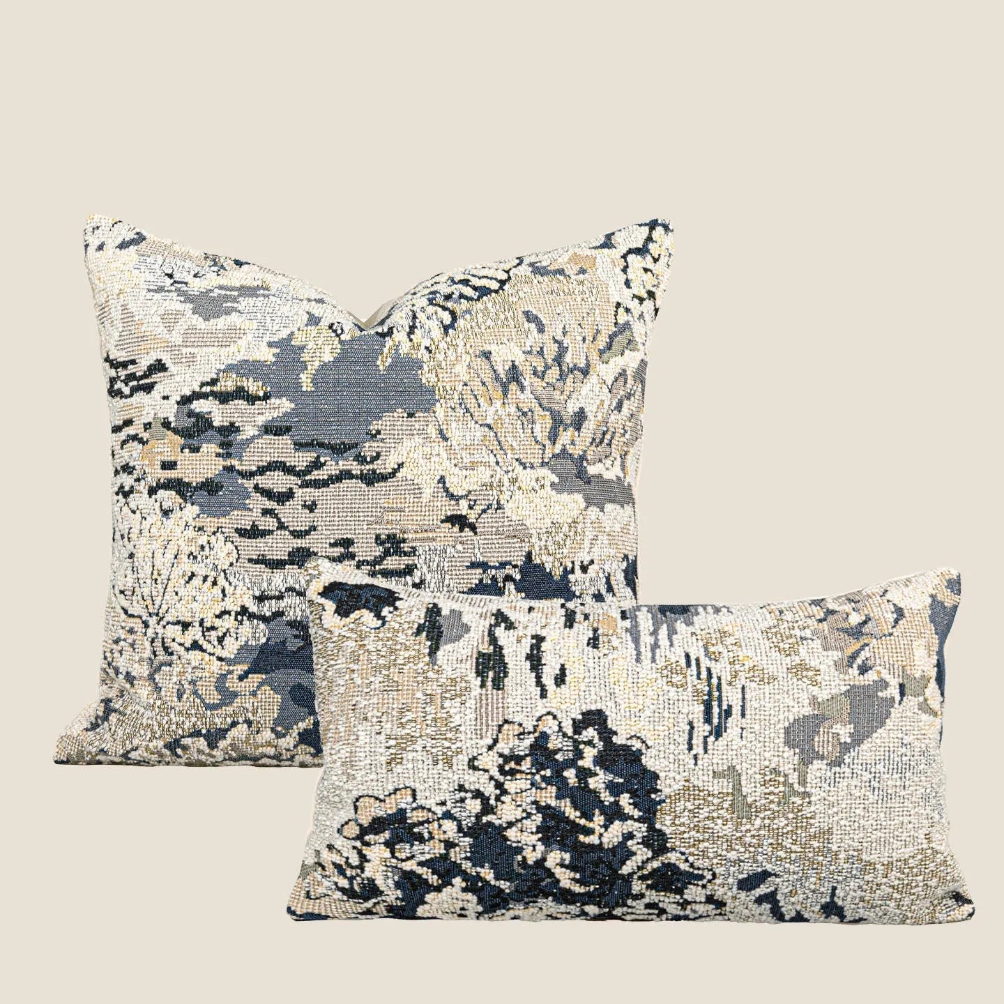 Antique blue abstract floral decorative cushion on wool blend fabric in square and waist sizes.
