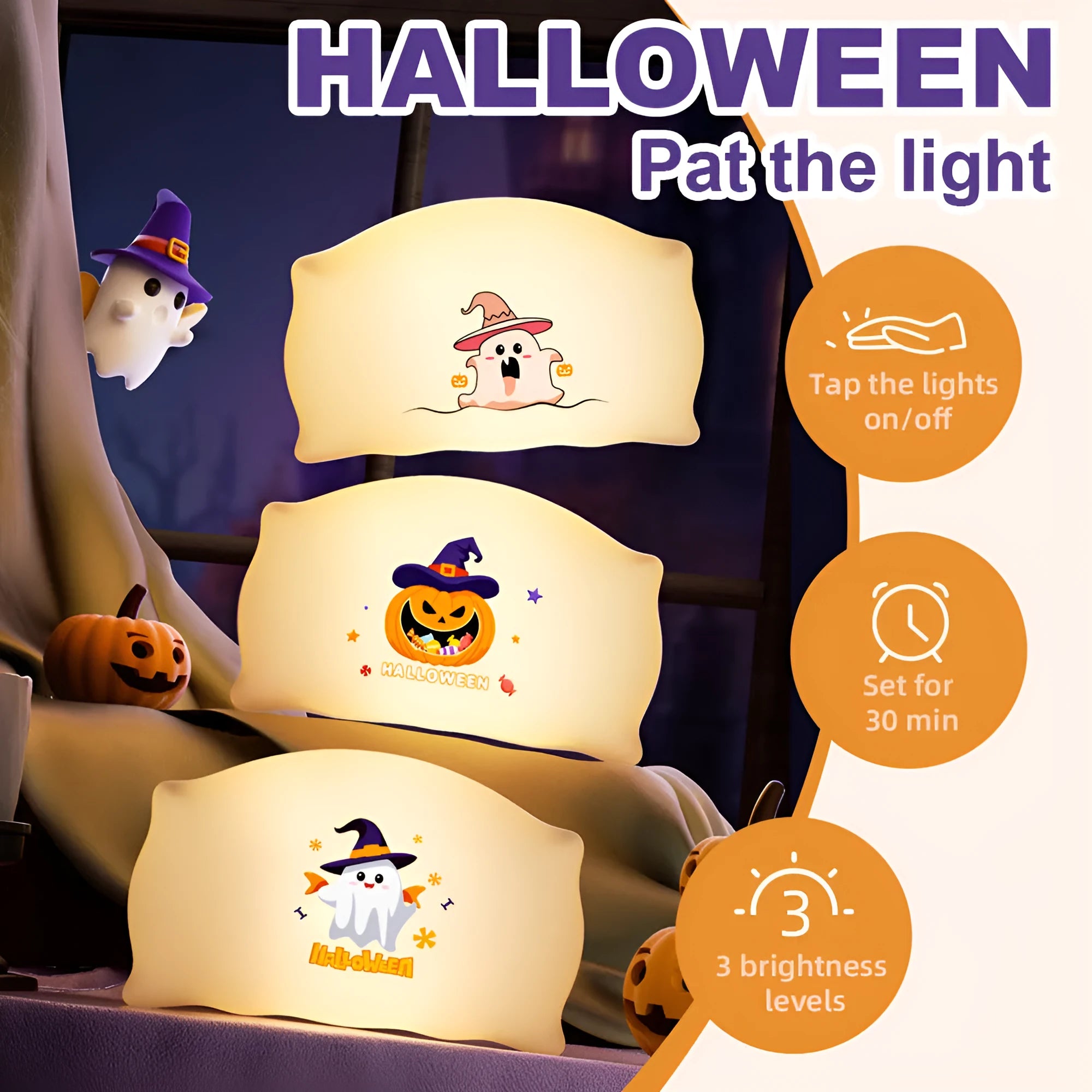 Cartoon Halloween doll table lamp in Magic Ghost or Pumpkin Ghost design on a bedside table.