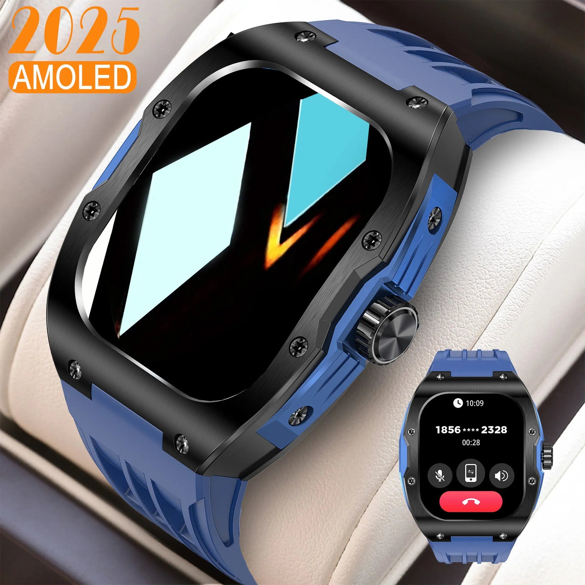 Smart watch fitness bracelet with AMOLED touch screen and black blue tape strap showing Bluetooth calling interface