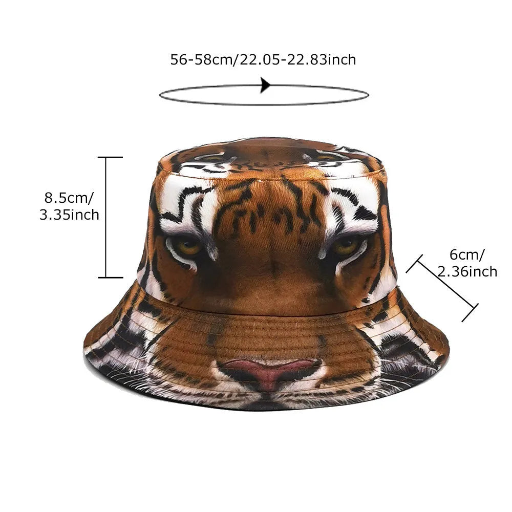 Tiger print polyester bucket hat with dome crown shape for outdoor sun protection