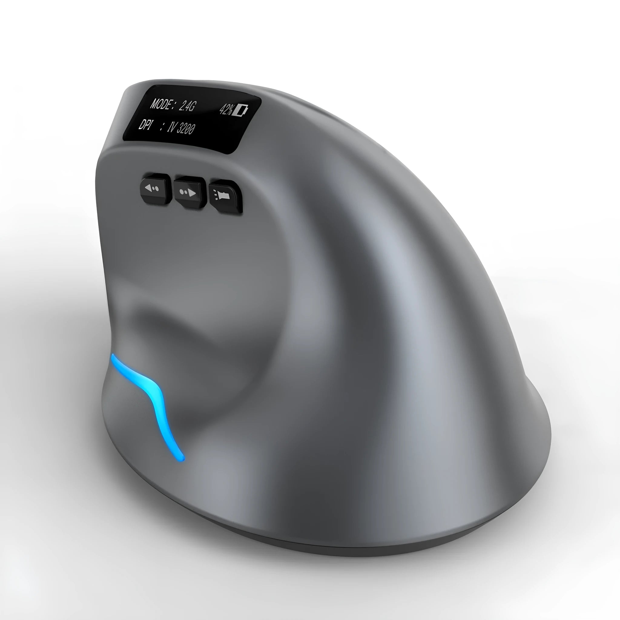 Grey ergonomic vertical wireless mouse with Bluetooth and dual charging.