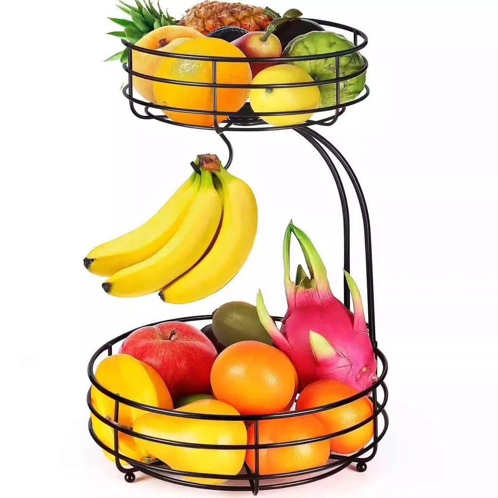Black and gold double-layer wrought iron fruit basket for kitchen storage