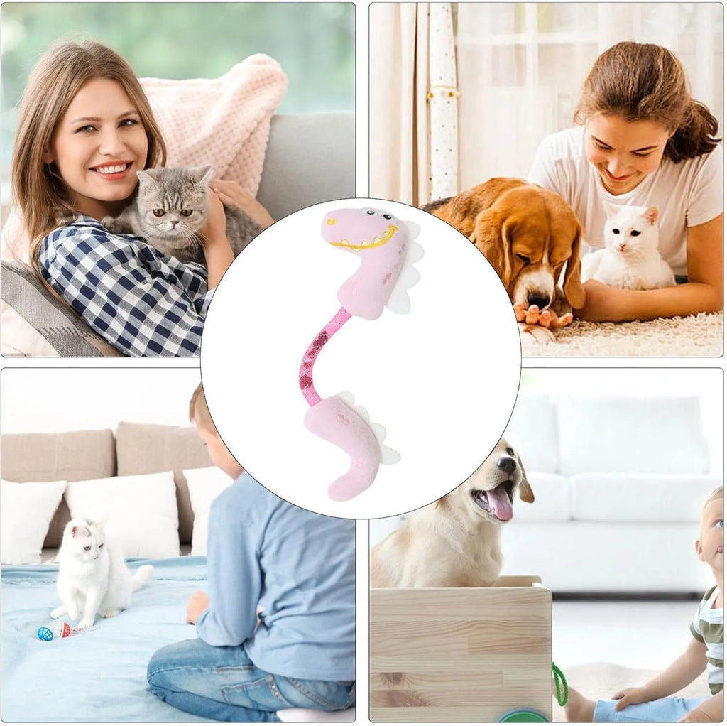Set of four cat toys: plush fish, mouse, bunny, and a catnip rope on a plain background