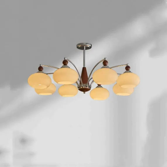 Creative persimmon glass chandelier with chrome fittings and multiple glass lampshades in middle ancient style
