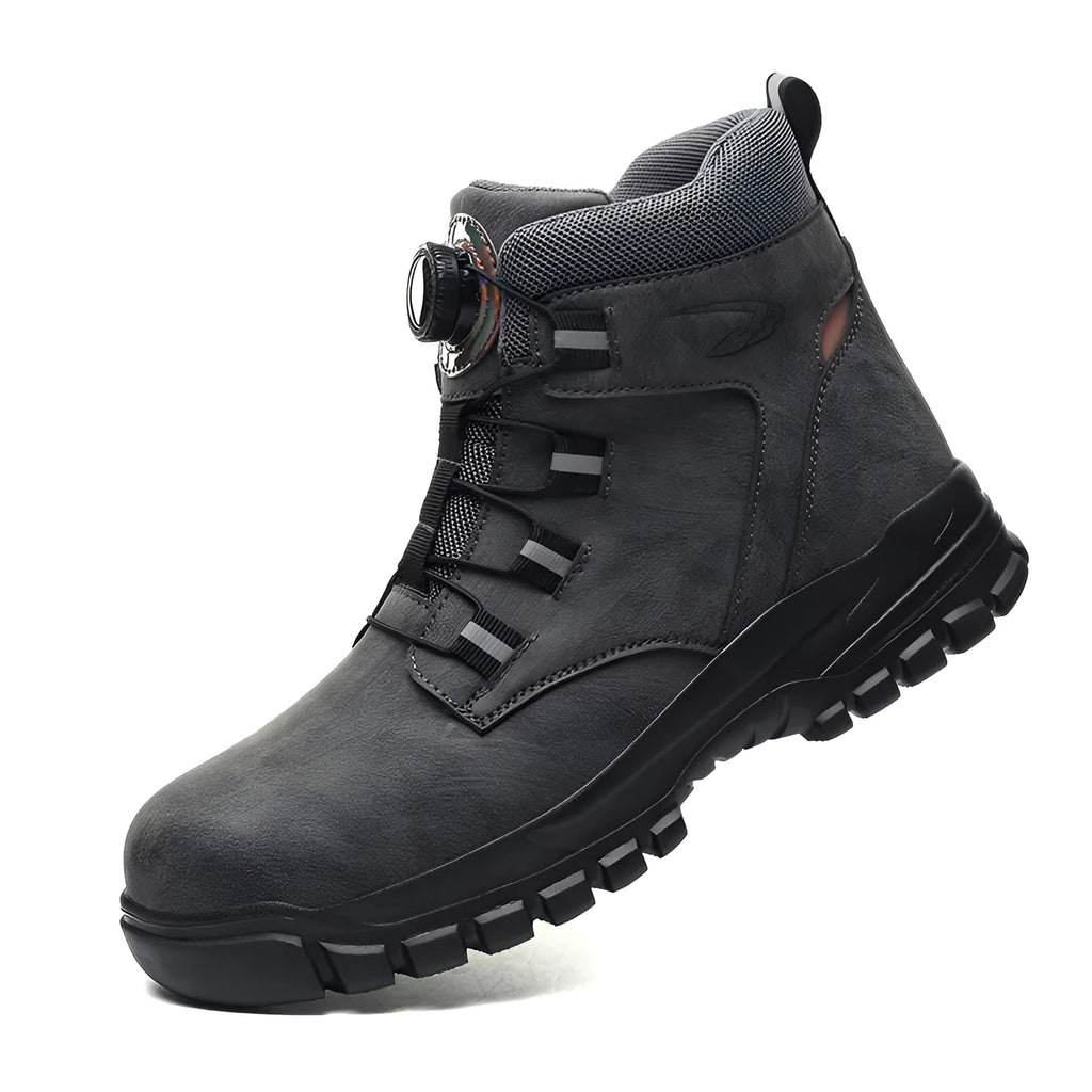 Lightweight labour protection shoes with leather upper and rubber sole in black, yellow, and grey colour options