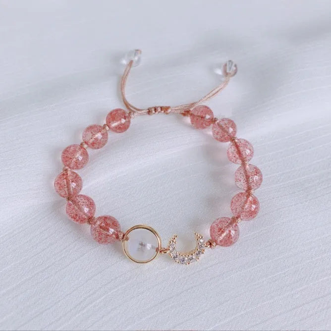 Handmade strawberry quartz crystal bracelet with hetian jade peach blossom elements in five style variations