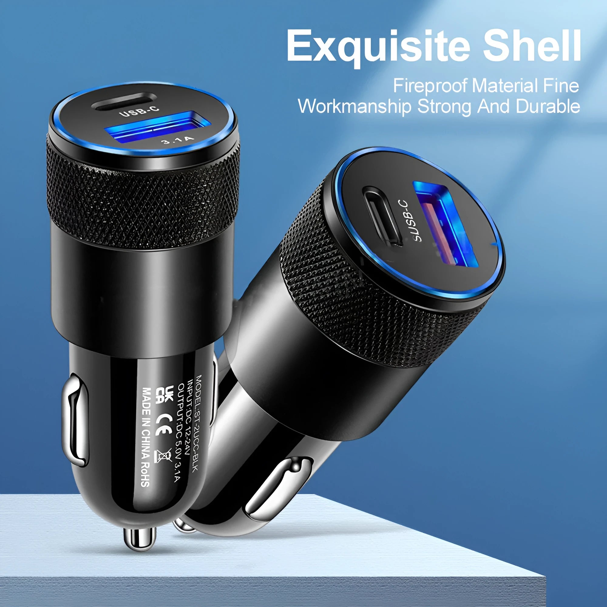 Aluminium alloy dual USB car charger for vehicle 12V sockets with compact 2.5x6cm dimensions
