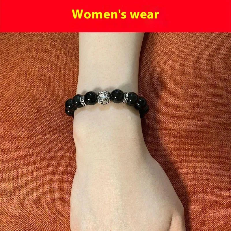 Natural obsidian stone bead bracelet with a silver clasp, shown in male 12mm and female 10mm size options.