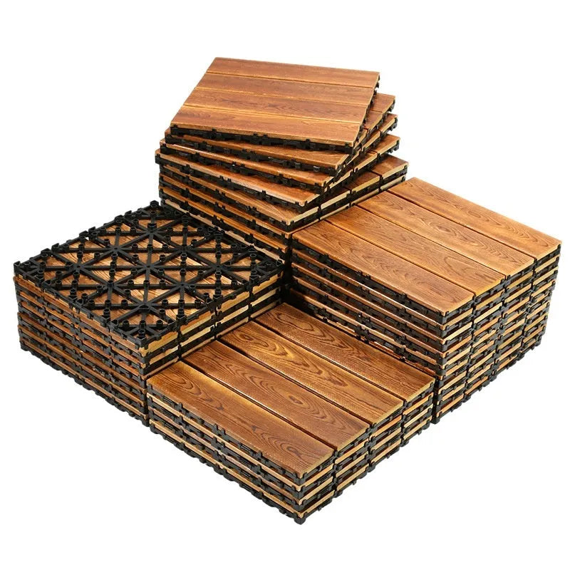 Square camphor pine wood floor tiles with interlocking edges for balcony use.
