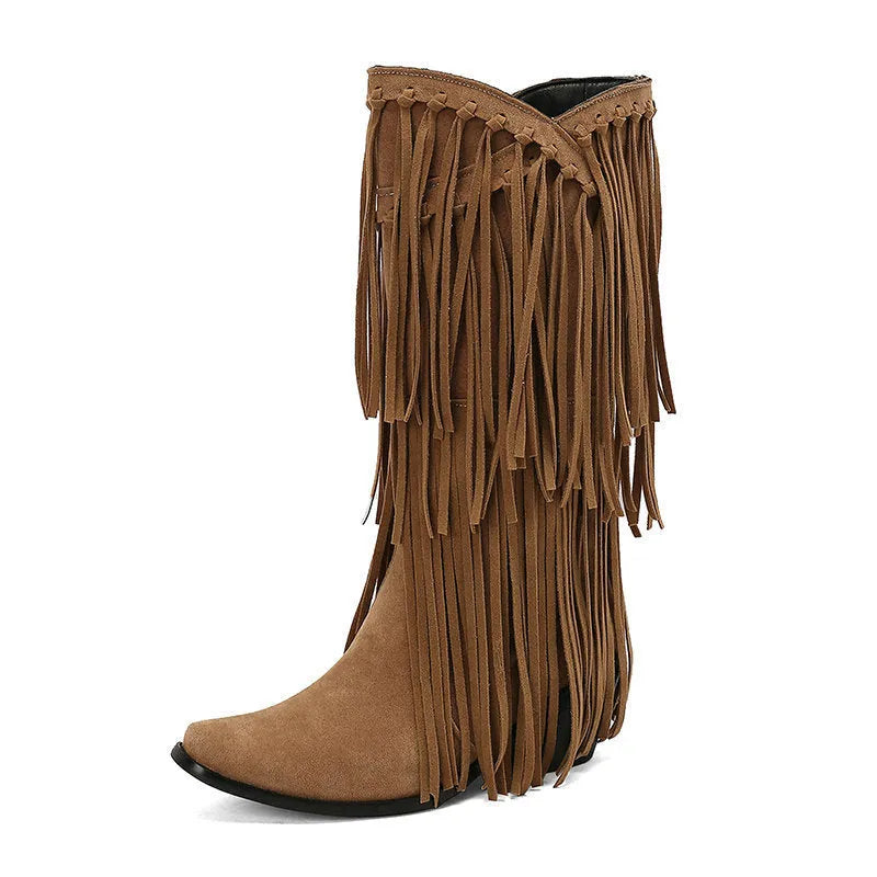 Women's suede knee-high boots with a chunky heel, square toe, and waterproof platform in multiple colours.