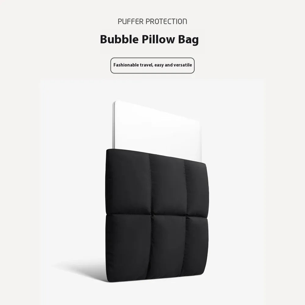 Soft black polyester laptop sleeve for a 13-15.6 inch laptop, showing fluffy texture and sewing thread detail.