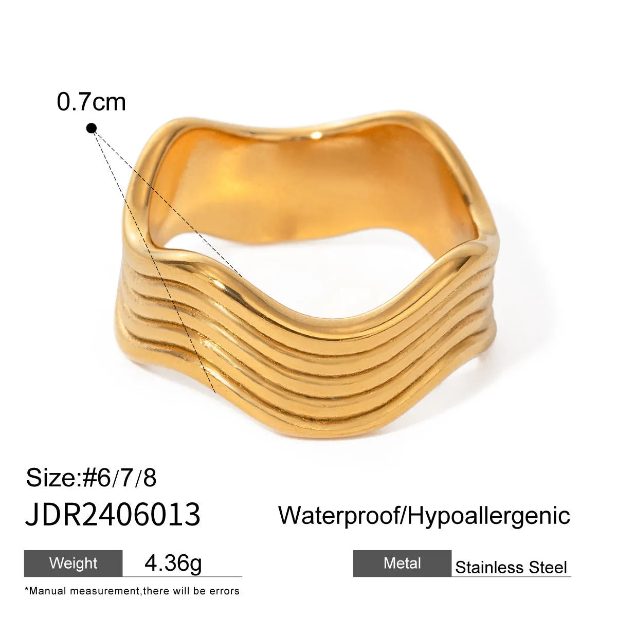 Stainless steel wide band ring with a geometric wave pattern design in an electroplated finish.