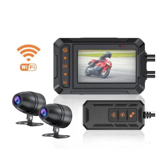 MT65 motorcycle dash cam with 3-inch display mounted on motorcycle handlebar